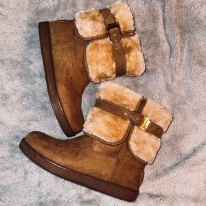 G by Guess Aussie Faux Fur Ankle Boots Brown Suede Sz 10 Cozy Boho Winter